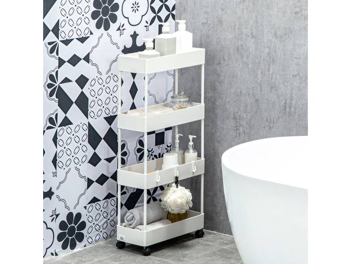 Chariot de rangement à roulettes blanc à 4 niveaux avec roues verrouillables, chariot utilitaire multifonctionnel pour la cuisine, la salle de bain, l'organisation de la maison