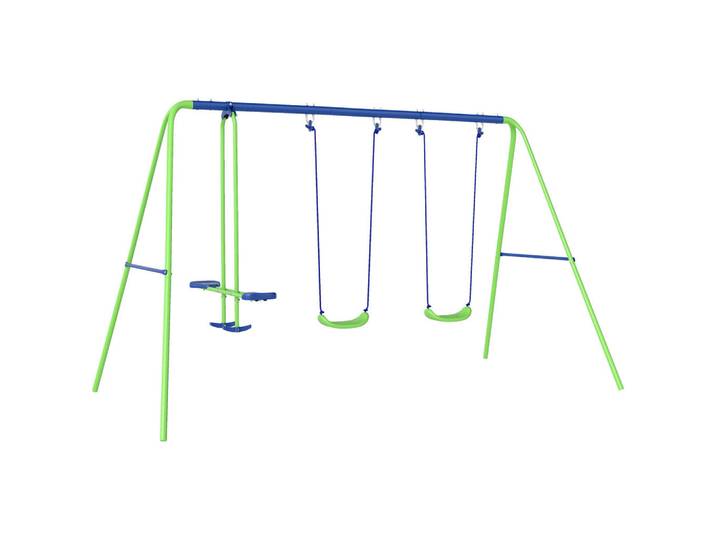Outsunny Schaukelgestell, Outdoor-Schaukelgerüst mit 2 Schaukeln, 1 Wippe, Grün, Metall, 140x280 cm, Freizeit & Co, Gartenspielzeug