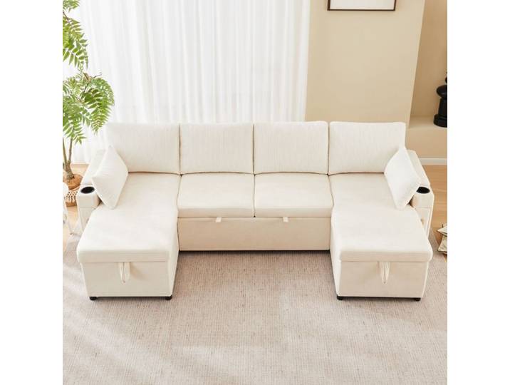 Canapé-lit en U 4 places avec porte-verres canapé d'angle combinant rangement et couchage porte-verres et coussins beige