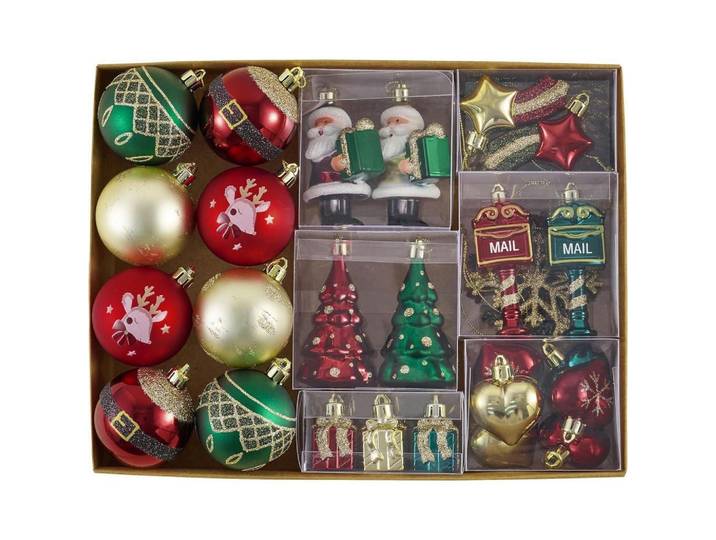 Weihnachtskugeln 40-teiliges Set Rot Grün Gold, Mehrfarbig, Kunststoff, 3.3x3.3x8.5 cm, Dekoration, Weihnachtsdekoration, Christbaumschmuck, Christbaumkugeln