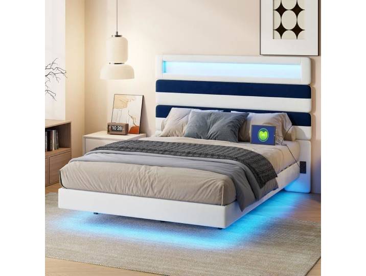 Lit double flottant - DREAMMESPACE - 140x190cm - LED - Velours Blanc - Design Contemporain