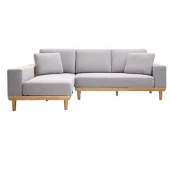 Ecksofa 5-Sitzer mit Stauraum hellgrauer Stoff mit strukturiertem Samteffekt und helles Holz KOMAO.