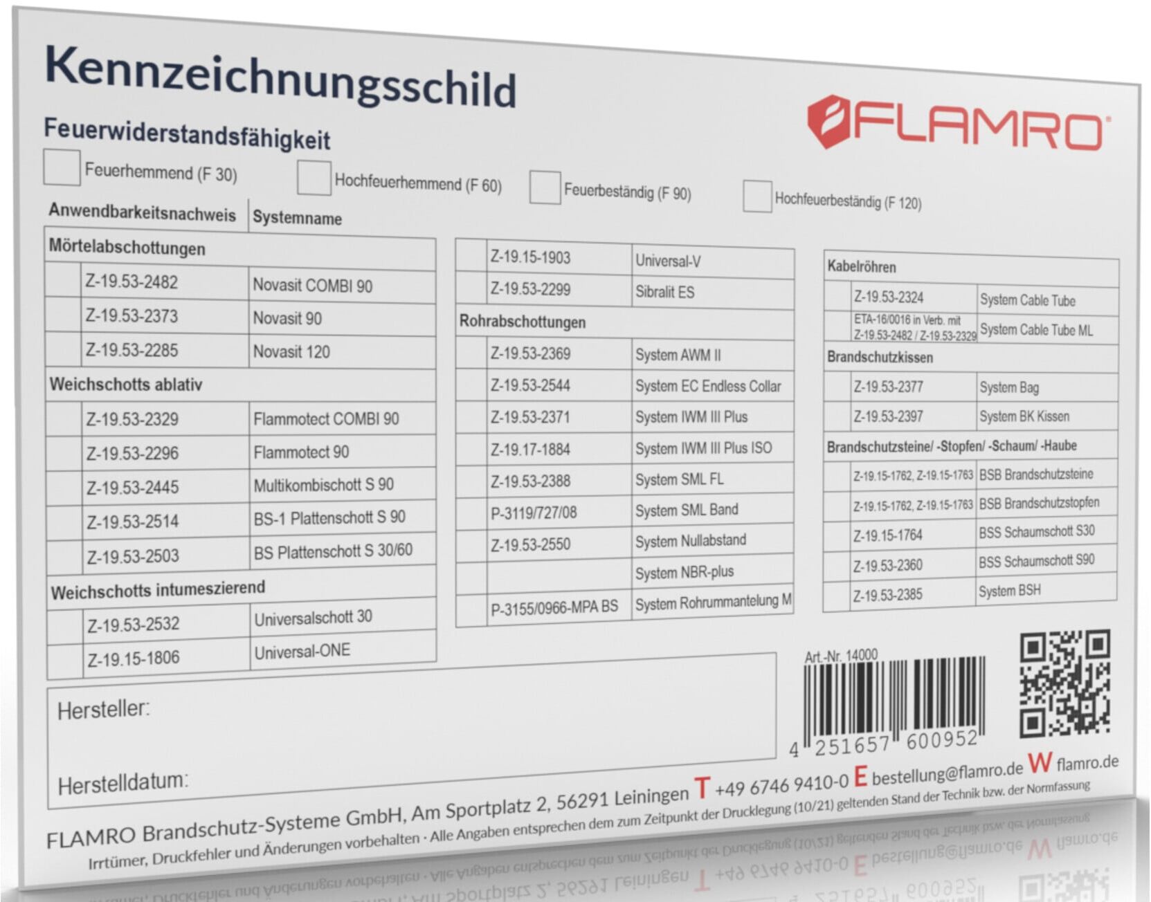 FLAMRO Brandschutz Kennzeichnungsschild universal 14000)