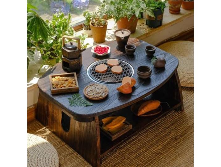 Labasuan Japanischer Grilltisch, Tatami-Bodentisch aus Holz mit integriertem Grill, 2 Ablageflächen, Meditationstisch zum Sitzen auf dem Boden, Esstisch für drinnen und draußen, Tee und Grillen