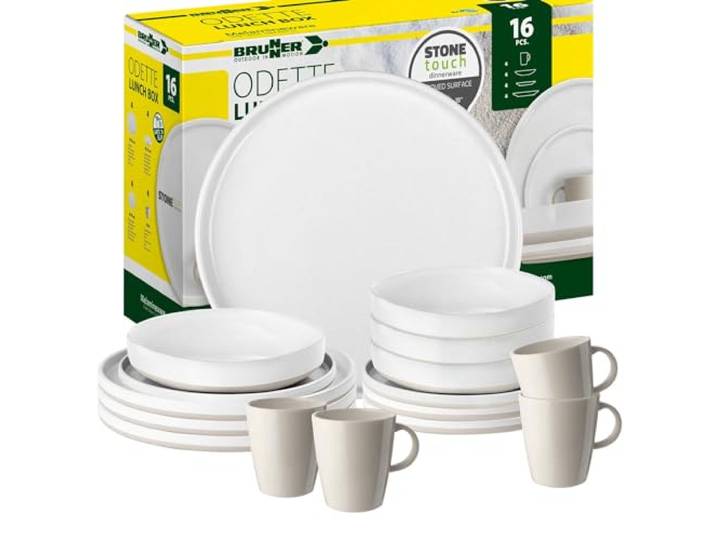 BRUNNER Melamin Geschirr-Set Camping 16-Teilig Lunch Box ODETTE Stapelbar Antislip (Antirutsch), 2-4 Personen, wie Steingut (StoneTouch), Bruchfest, Teller & Kaffe-Becher, Wohnmobil Wohnwagen Boot