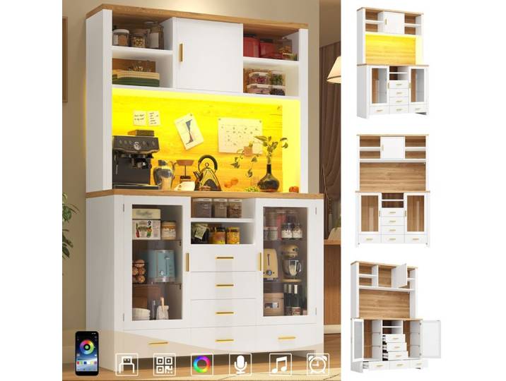 Buffet haut - HIBA - Buffet style campagne 120x40x188cm - 6 tiroirs - Éclairage LED connectée - Blanc effet bois