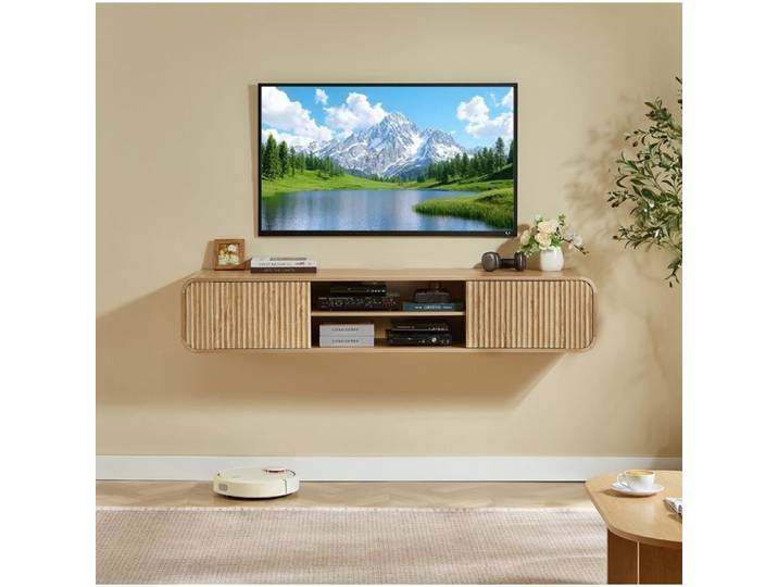 Meuble TV mural bois clair 160 cm meuble TV suspendu avec niches ouvertes rangement mural pour salon et chambre