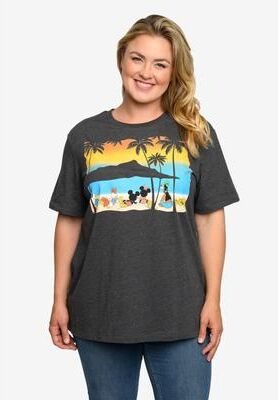 Plus Size Women's Mickey Mouse & Friends Sunset T-Shirt Charcoal by Disney in Charcoal Grey (Size 2X (18-20))