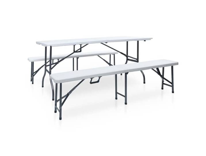 Ensemble table et bancs pliables de jardin - BURKE - 180 cm - Acier et HDPE - Blanc - Pliable - Poignées de transport