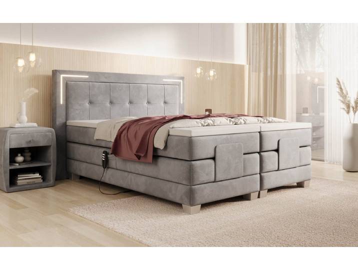 Boxspringbett Noctis Samt elektrisch verstellbar mit LED - 140x200 - Hellgrau - H3 (70-100kg) - Luxusbetten24
