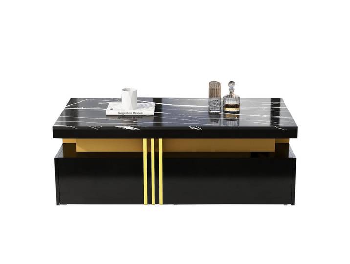 Redom Couchtisch, schwarze marmorierte Hochglanzplatte, 2 Schubladen, Metallrand, 100/50/40 cm,schwarze, Schwarz, 50x40x100 cm, Wohnzimmer, Wohnzimmertische, Couchtische