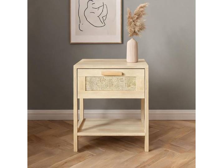 Table de nuit compacte avec tiroir cannage rotin étagère beige neutre 40x40 cm