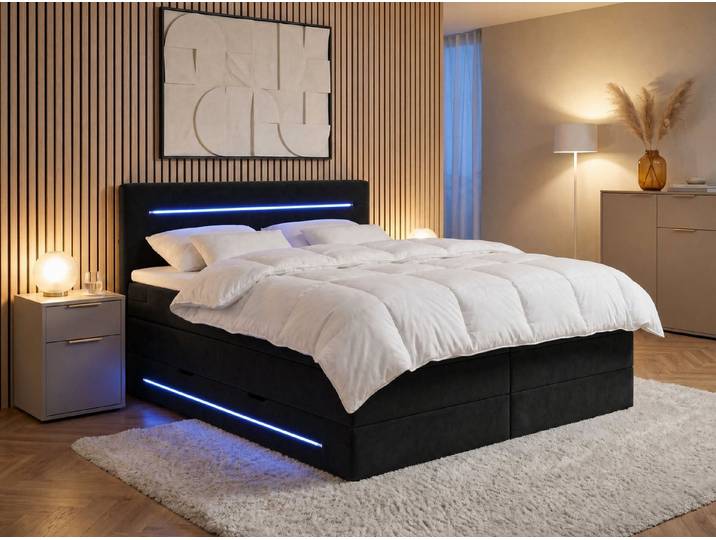 wonello Boxspringbett Brooklyn, Samt Bett mit LED Beleuchtung, Bettkasten und Topper