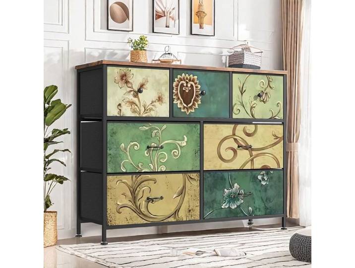 Commode haute à 7 tiroirs meuble de rangement vintage commode pour chambre à coucher imprimée armoire à tiroirs en bois
