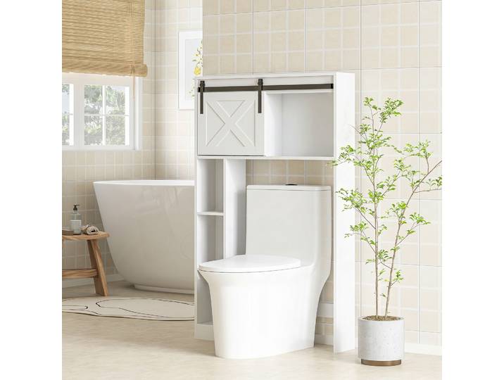 HOMCOM Meuble WC Blanc avec Porte Coulissante et Étagère Ajustable