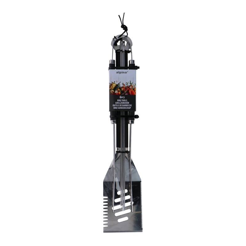 Alpina 6-delige BBQ-gereedschapset met spatel, BBQ-tang, vleesvork en 4 spiesjes van roestvrij staal