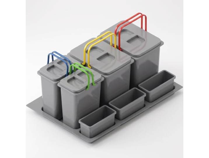 FurniFit Mülltrennsystem Küche für 80 cm Schrank 4-fach 72,5x49x40 cm (2x 20L + 2x 9L) mit Deckel Einbau Abfallsammler für Schubladen Küchenabfalleimer Abfalltrennung Abfallbehälter Set Silberfarben