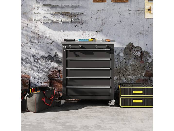 HOMCOM Chariot à Outils 5 Tiroirs Acier Roulant Argent Noir
