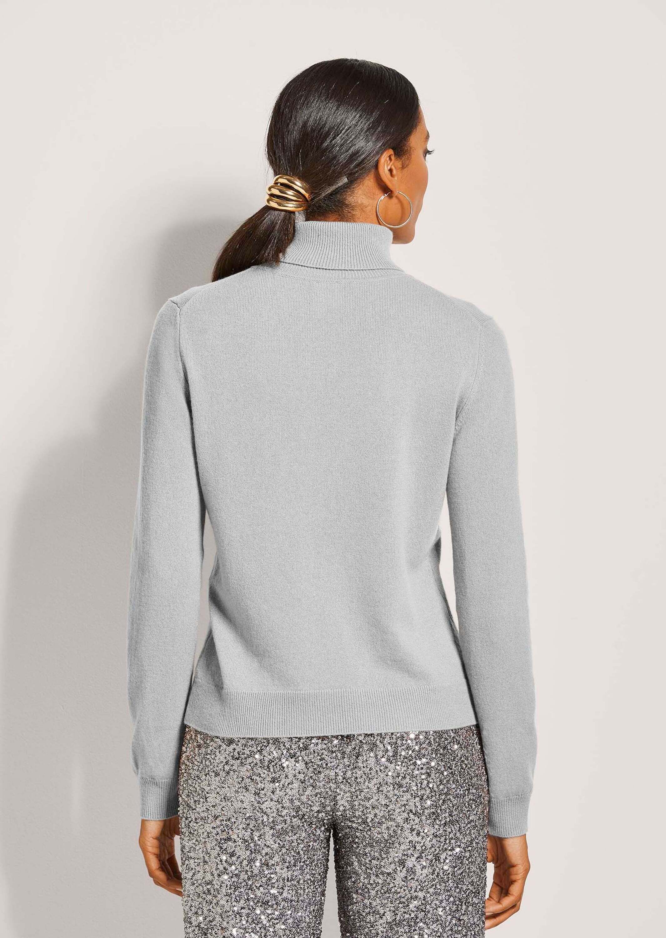 Longpullover MADELEINE "Kaschmirpullover Zeitloser Strickpullover mit geripptem Rollkragen", Damen, Gr. 34, grau (silbergrau, melange), Obermaterial: 100% Kaschmir WS., Modern, Rollkragen, Pullover Longpullover, Kaschmirpullover mit Rollkragen, Langarm
