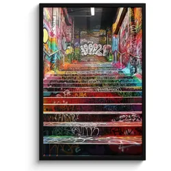 POSTER MIT RAHMEN Treppe - Graffiti - Farben - Kunst 60x90 cm