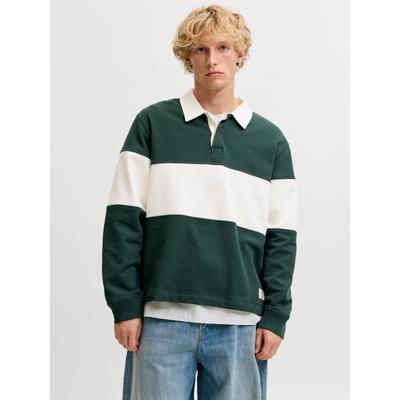 Sweatshirt JACK & JONES "JORFREDERIKSBERG BLOCKING SWEAT POLO SN", Herren, Gr. S, pine grove, angeraute Sweatware, Obermaterial: 100% Baumwolle, gestreift, relaxed fit normal, Rundhals, Rippbündchen, Sweatshirts Sweatshirt, Baumwolle, relaxed fit
