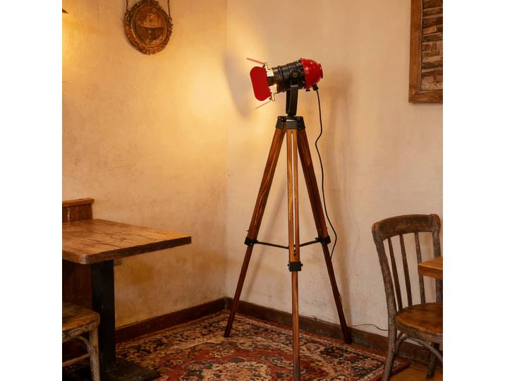 Lampadaire Trépied Industriel pour Salon, en Bois Rétro, Grand Éclairage sur Pied avec Abat-jour Métallique, Idéal pour Studio
