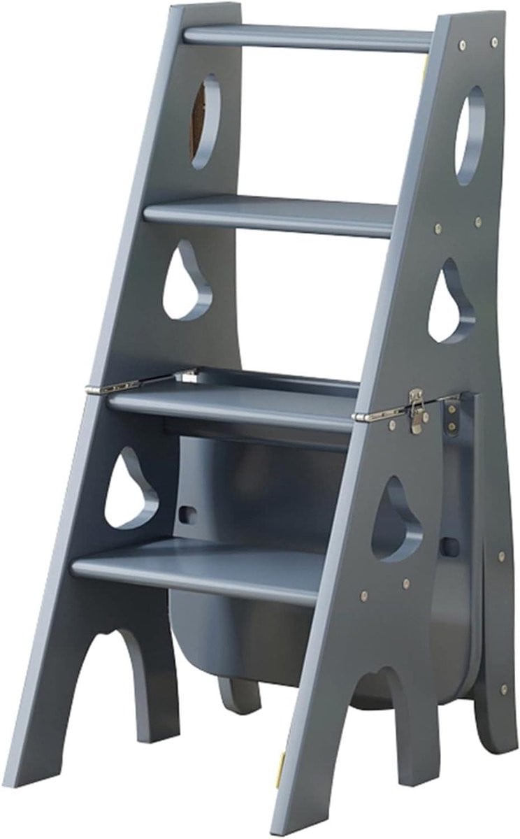 Multifunctionele houten opklapstoel als 4-traps ladder in walnootkleur, Hoogte: 884 cm