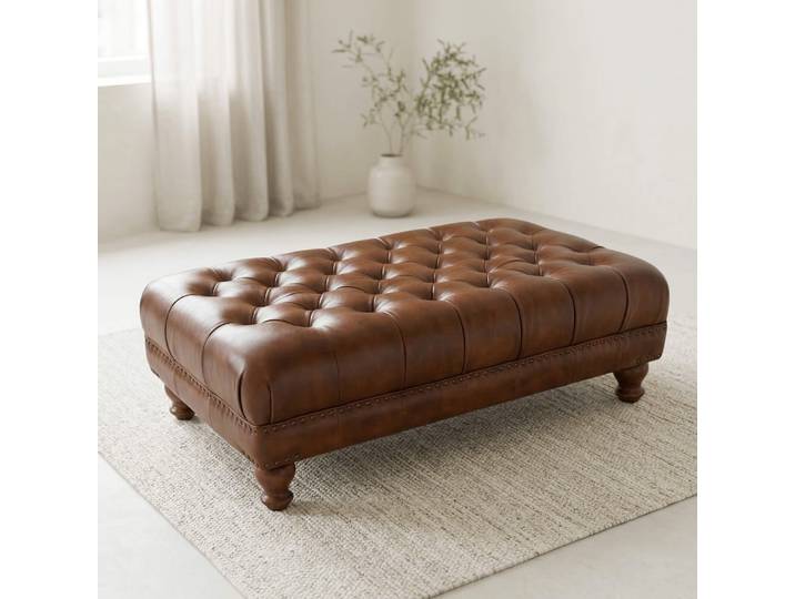Repose-pieds capitonné en cuir véritable marron