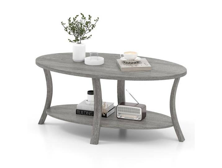 Table Basse Ovale à 2 Niveaux COSTWAY Table Basse Bois d'Hévéa Étagère de Rangement Table Basse Salon Charge 160 kg Gris