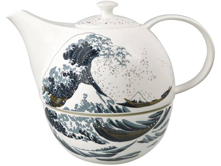 Kanne GOEBEL Teekanne mit Stövchen Hokusai- Die Grosse Welle , weiss (bunt), B:16cm H:19cm, Porzellan, Kannen, Kanne
