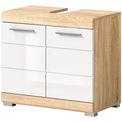 WASCHBECKENUNTERSCHRANK weiß Hochglanz und Sonoma Eiche, Bad Unterschrank 60 cm