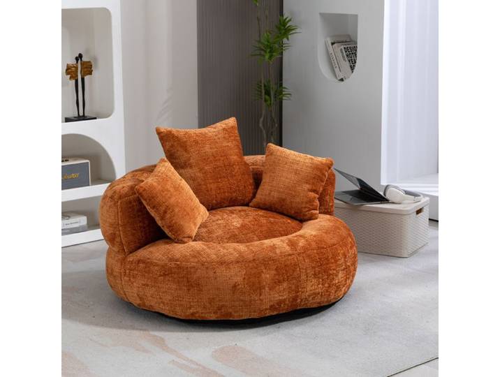 Fauteuil lazy sofa bean bag chair chenille orange avec accoudoirs haut dossier 3 coussins sans installation FOLYNA