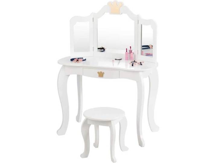 GOPLUS Coiffeuse Enfant 3-7 Ans 2 en 1-Table de Maquillage avec Tabouret/3 Miroirs Amovibles/1 Tiroir Pieds en Bois de Pin Blanc