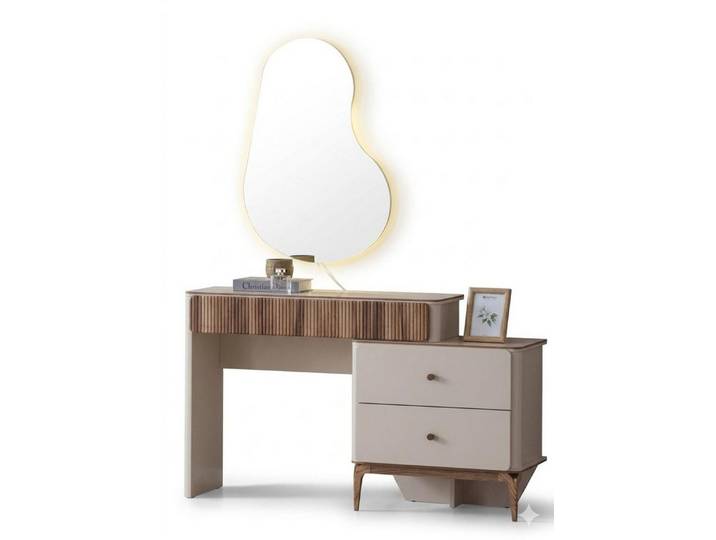 JVmoebel Schminktisch Moderner Skandi Schminktisch Holz-Rillen LED-Spiegel Schubladen Beige, Made in Europa