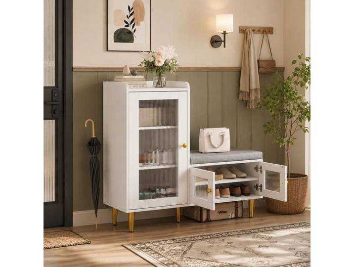 Banc à Chaussures avec Tabouret et Étageres réglables Armoire à Chaussures avec Assise pour Entrée 100x35x90cm Blanc