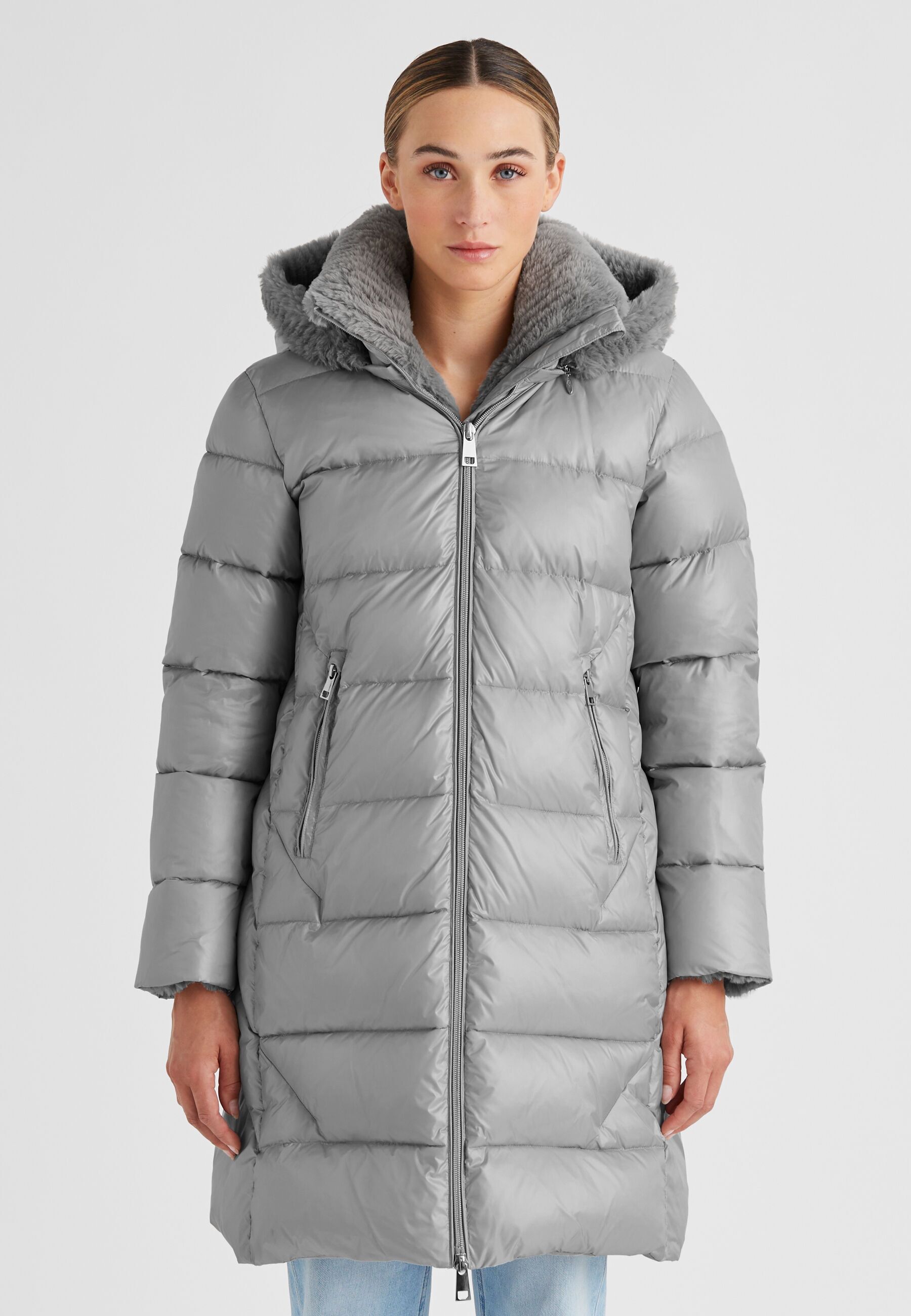 Steppmantel MILESTONE "Milestone Mäntel MSRocky", Damen, Gr. 36, grau (mittel grau), Casual, regular fit, Mäntel Steppmantel, mit abnehmbarer Kapuze