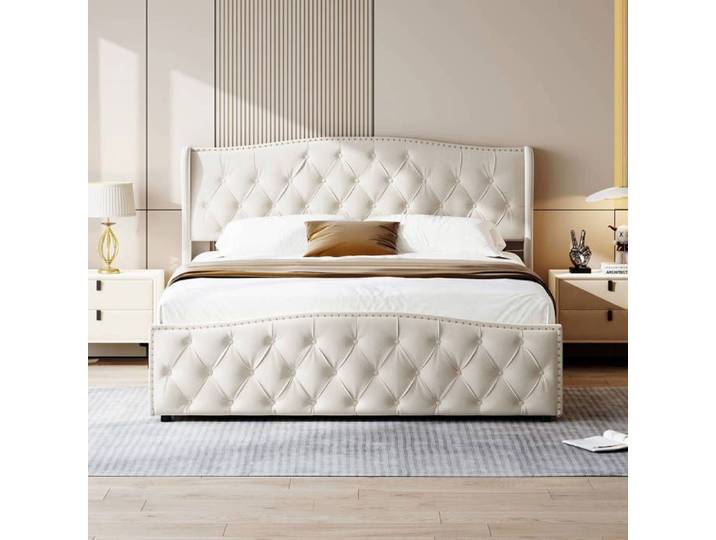 Lit coffre - ADWOLT - 140x200 cm - Velours beige - 2 places - Design contemporain