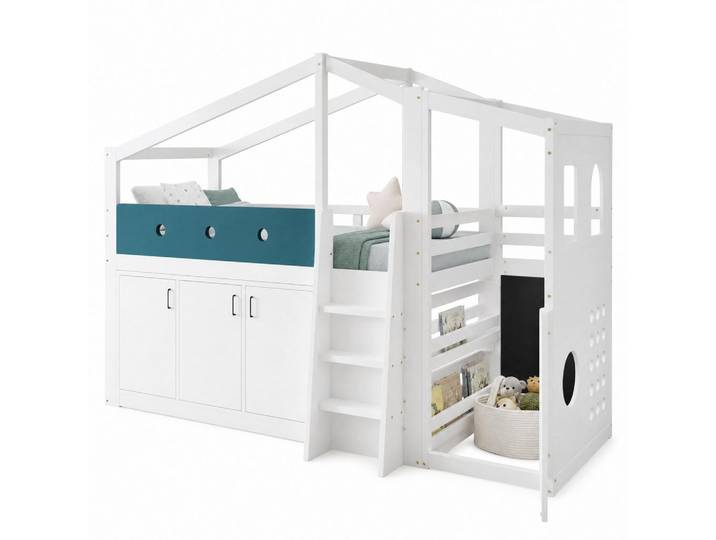Evryae Kinderbett 90/200 mit Spielbereich, Stauraumschrank und Leiter, Weiß, 90x200 cm, Babymöbel & Kindermöbel, Kinderzimmer & Jugendzimmer, Kinderbetten