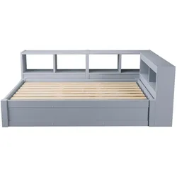 MODFU Multifunktionsbett MDF/Kiefernholz Grau 90x200 cm mit Hydraulikfunktion, LED-Lichtleiste und Steckdose
