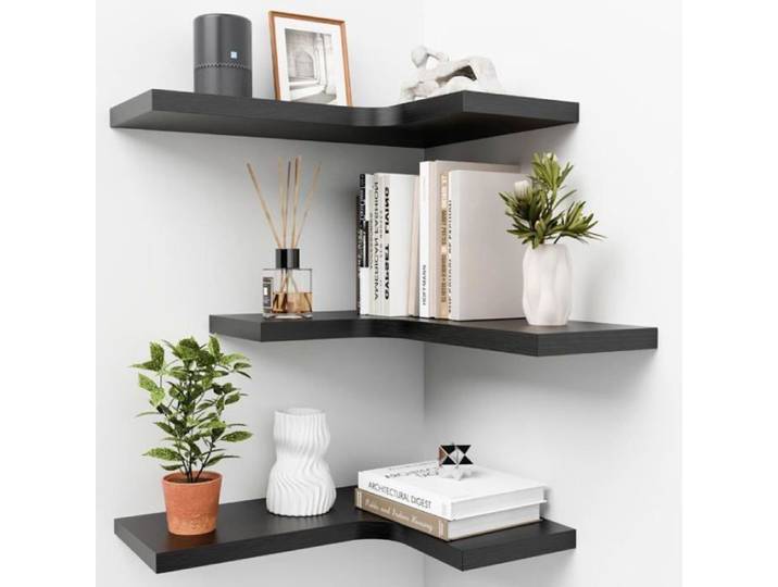 Etagere Murale en Bois Etagere D'Angle Suspendue Etagere d'AngleÉtagère d'Angle en Forme L Barre Etagere Angle pour De 3 (Noir)
