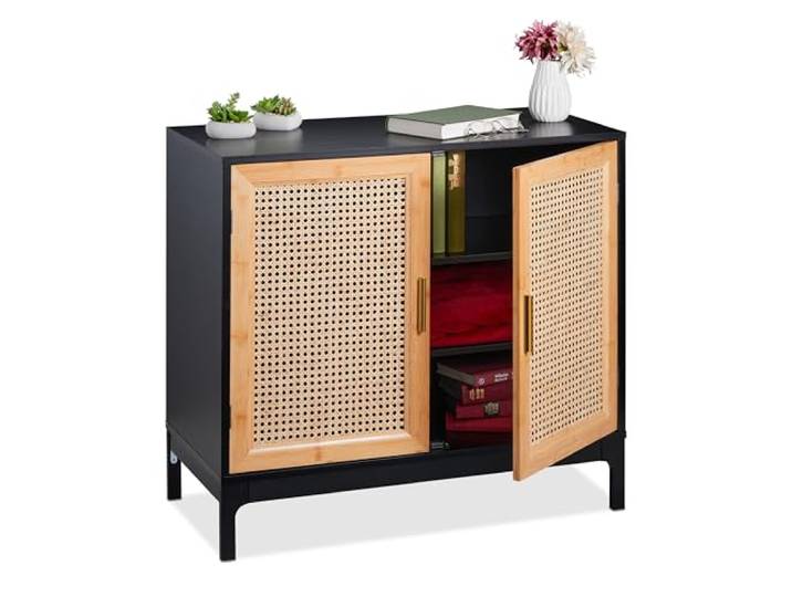 Relaxdays Sideboard mit Rattan-Geflecht Wohnzimmer, schwarz/Natur