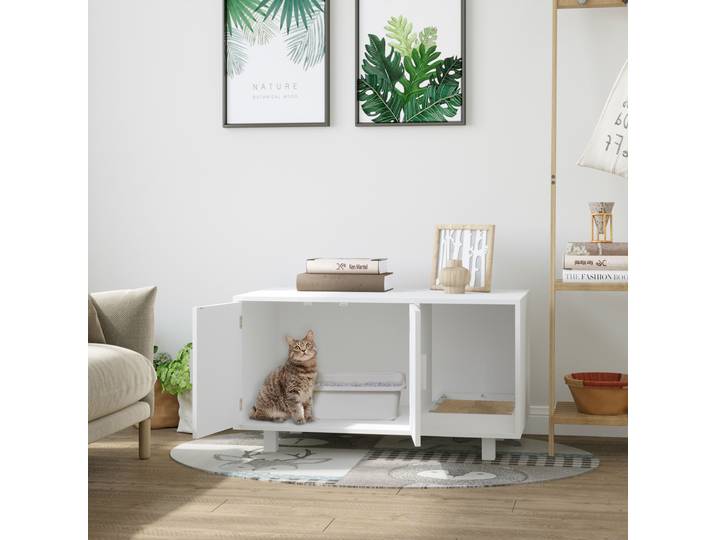 PawHut Meuble Maison de Toilette Chat MDF Blanc 91x52x50,5 cm