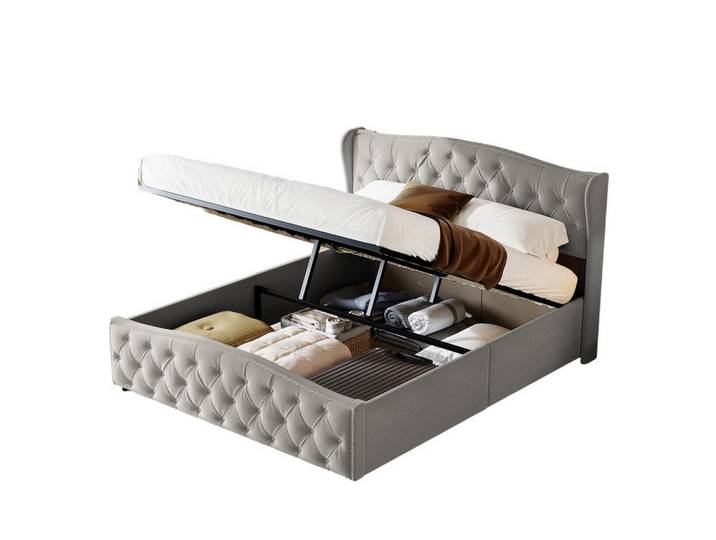 Shopentra Polsterbett 140x200cm grau, Grau, Metall, Schlafzimmer, Betten, Polsterbetten