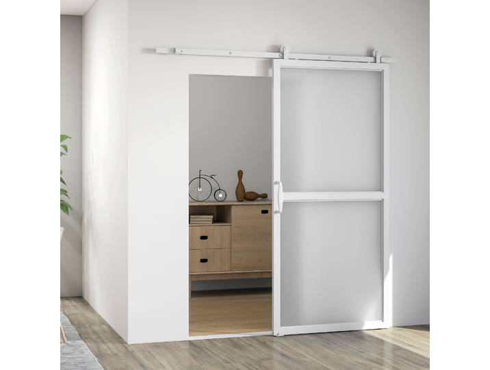 HOMCOM Kit Ferrures Porte Coulissante 200cm Rail Acier Blanc