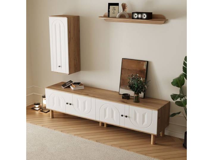 LPOSPI Ensemble mural TV avec étagères et colonnes MDF 170x40x100 cm blanc et bois