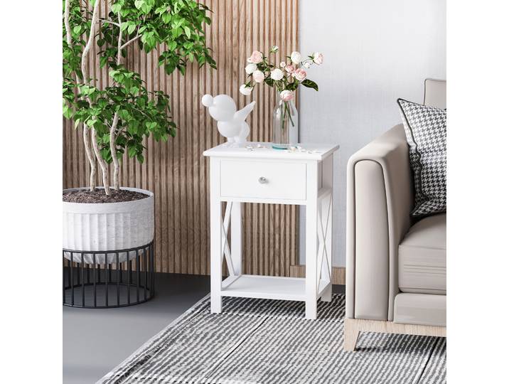 HOMCOM Table de Nuit Bois Blanc avec Tiroir