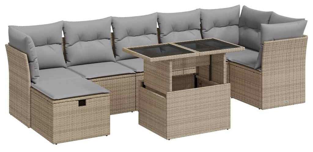 Loungeset, 8-teilig, Beige - Poly-Rattan - Inklusive Kissen - 8 Sitzplätze - Für Garten und Terrasse
