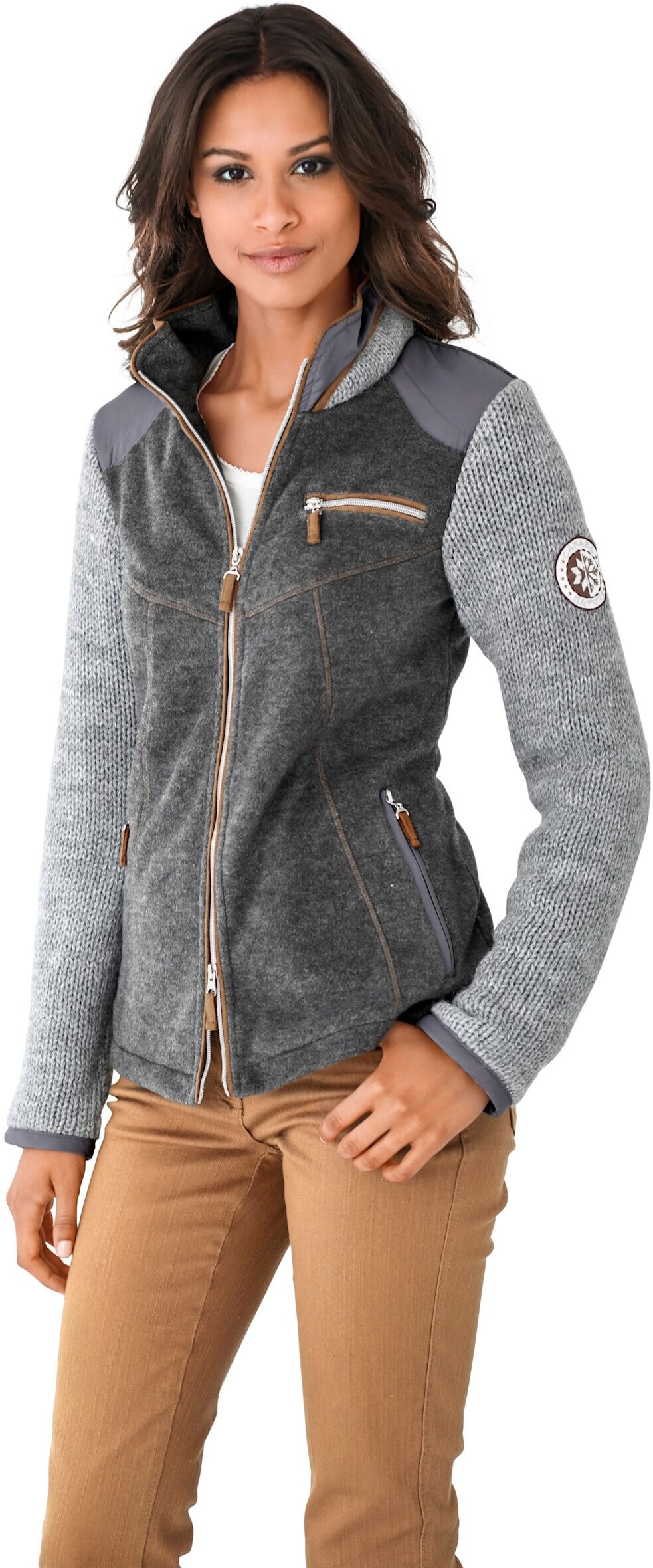 Shirtjacke HEINE "Sweatjacke Fleecejacke mit gestrickten Ärmeln", Damen, Gr. 36, grau, Sportlich, Shirts Shirtjacke