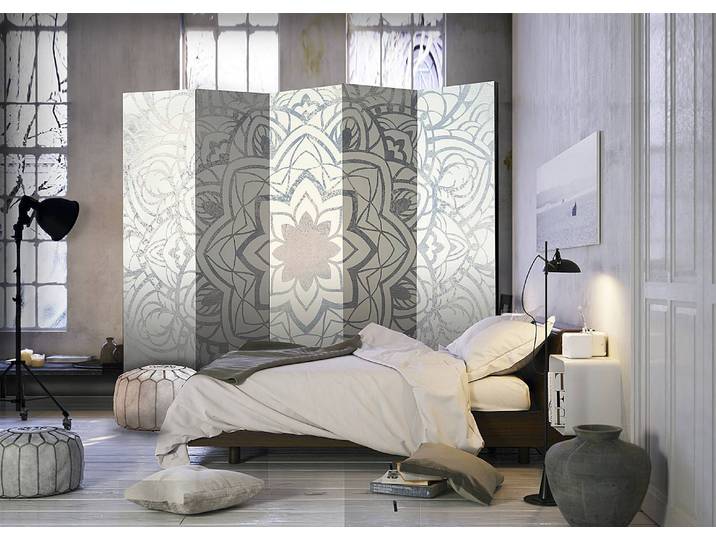 Paravent Winter Mandala Akustik Vlies auf Massivholz Grau 225 x 172 x 3cm
