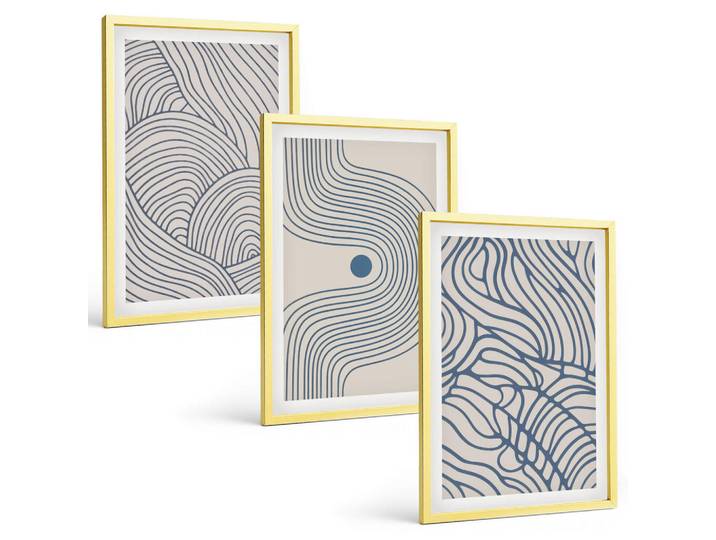 Tulup Bilder SET 3er Set - 40x60 cm Goldrahmen - Abstrakte Linien, Wellenformen, Goldfarben, Kunststoff, Rechteckig, 40x60 cm, gerahmt, Bilder & Rahmen, Bilder